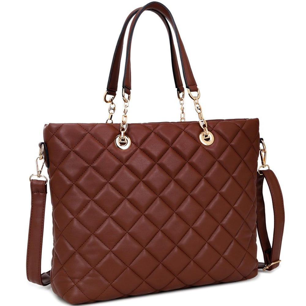 Women Bags Faux Leather Quilted Tote Bag with Chained Handles Image 2
