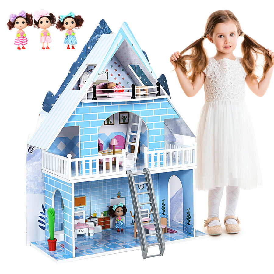 Wooden Dollhouse 3-Story Pretend Playset W/ Furniture and Doll Gift for Age 3+ Year Image 1