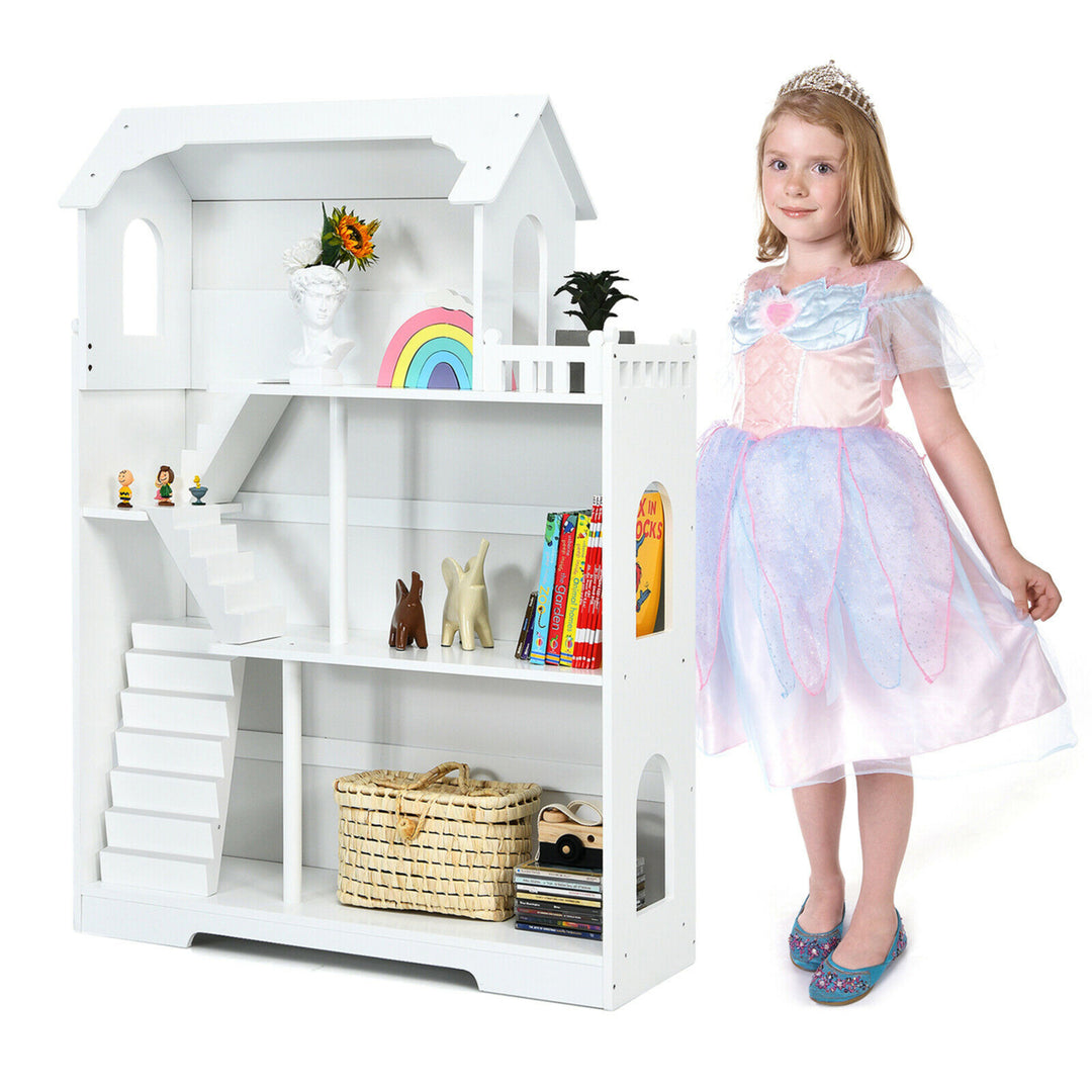 3-Tier Wooden Dollhouse Bookcase Childrens Bookshelf in Kids Room Gift for 3+ Image 1