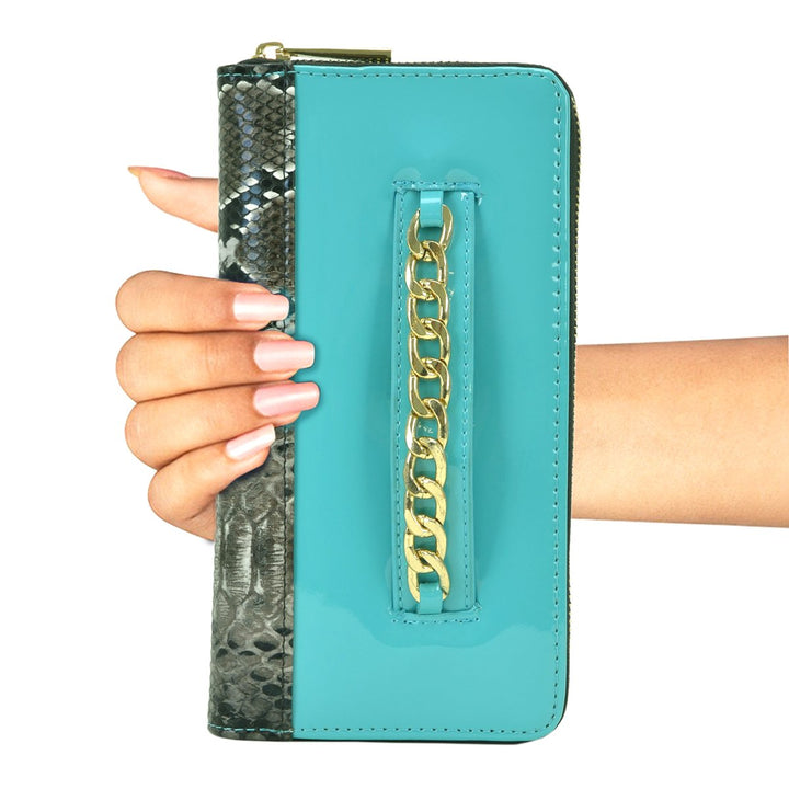 Womens RFID Blocking Leather Zip Around Wallet Snake Skin Long Clutch 8x4.5 Image 1