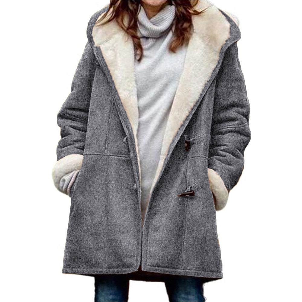 Womens Long-sleeved Horn Button Plus Velvet Warm Jacket Image 1