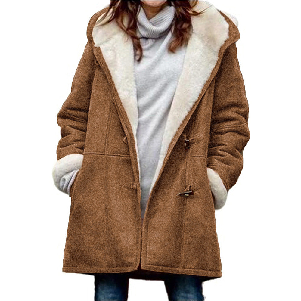 Womens Long-sleeved Horn Button Plus Velvet Warm Jacket Image 7