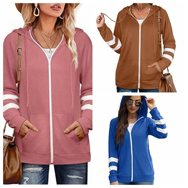 Womens Solid Color Cardigan Hoodie Zipper Sweater Image 1