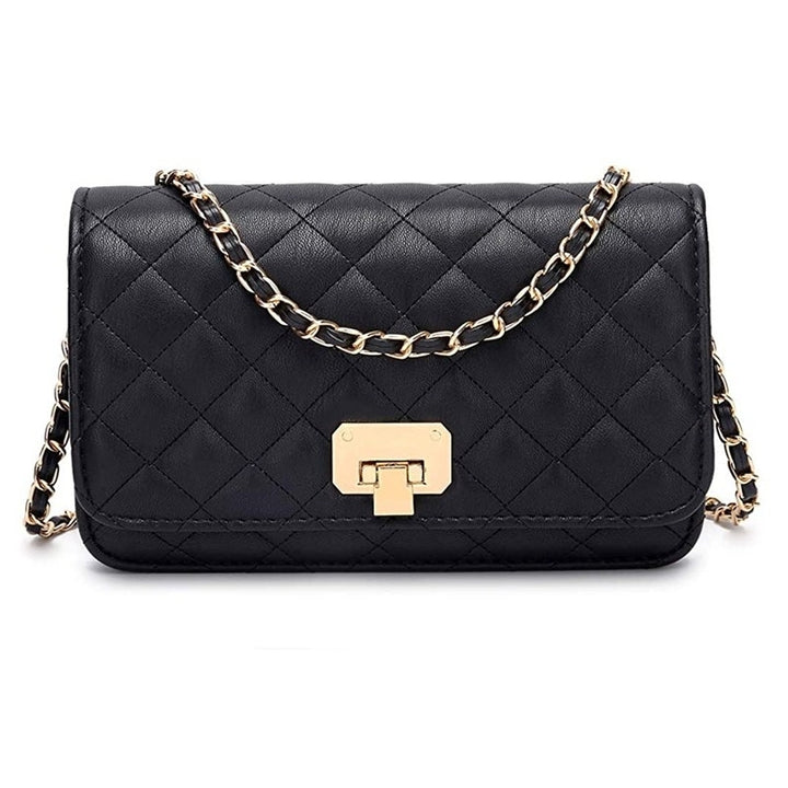 Women Black Quilted Purse Lattice Clutch Small Crossbody Shoulder Bag Image 1