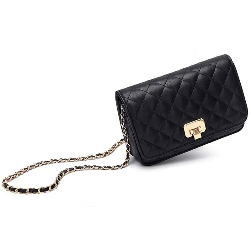 Women Black Quilted Purse Lattice Clutch Small Crossbody Shoulder Bag Image 3