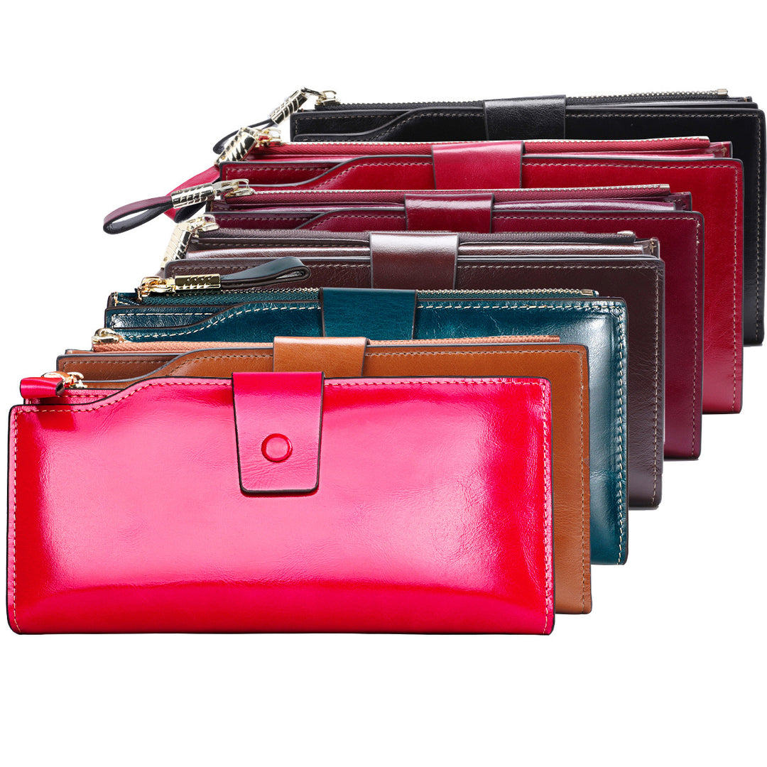 Womens RFID Blocking Large Capacity Luxury Waxed Genuine Leather Clutch Wallet Multi Card Organizer Image 1