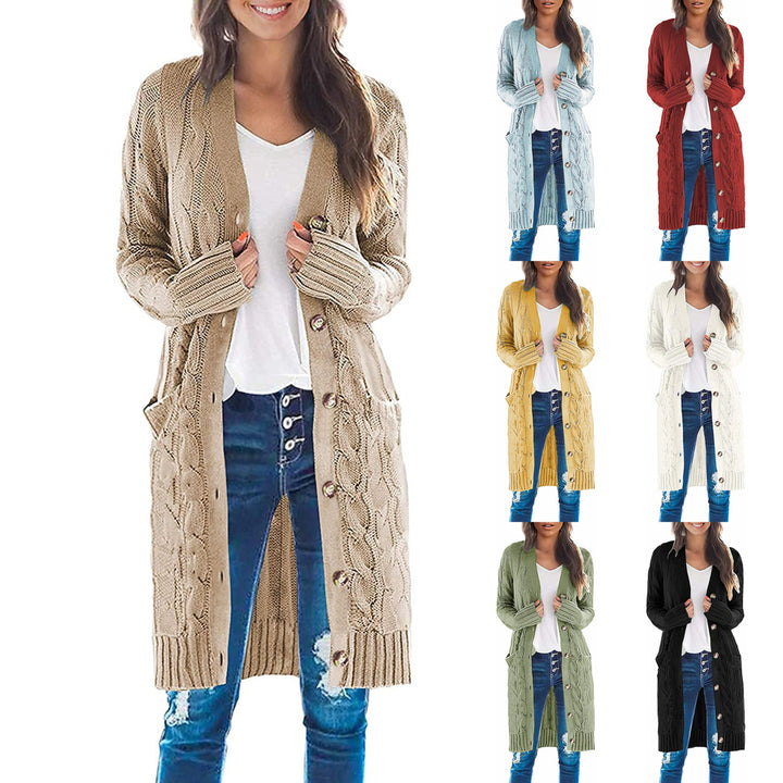 Womens Long Sleeve Cable Knit Long Cardigan Open Front Button Sweater Outerwear Image 1