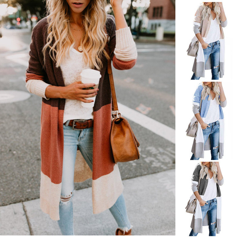 Womens Boho Open Front Cardigan Colorblock Long Sleeve Loose Knit Lightweight Sweaters Image 1