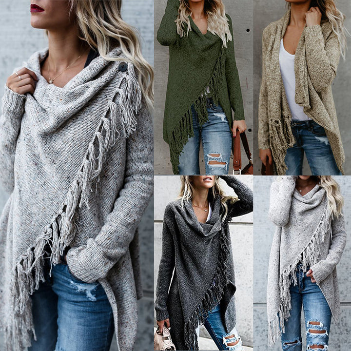 Womens Tassel Hem Sweater Long Cardigan Knitwer Pullover Poncho Coat Image 1