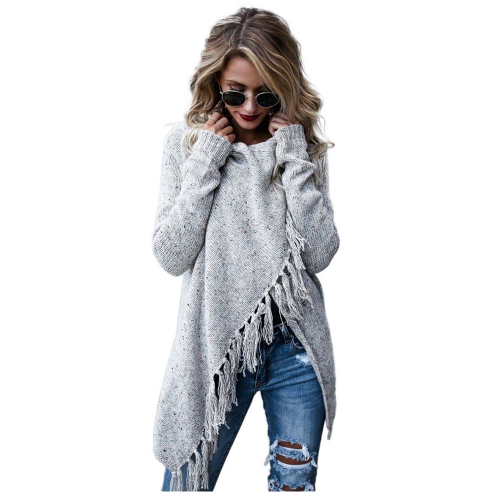 Womens Tassel Hem Sweater Long Cardigan Knitwer Pullover Poncho Coat Image 1