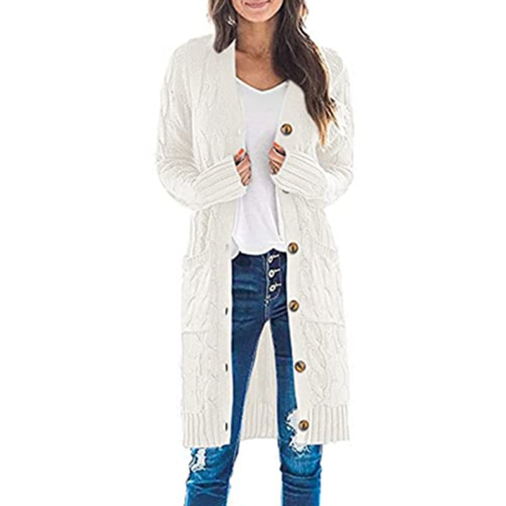 Womens Long Sleeve Cable Knit Long Cardigan Open Front Button Sweater Outerwear Image 1