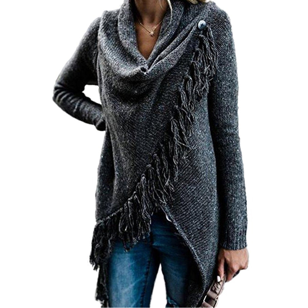 Womens Tassel Hem Sweater Long Cardigan Knitwer Pullover Poncho Coat Image 4