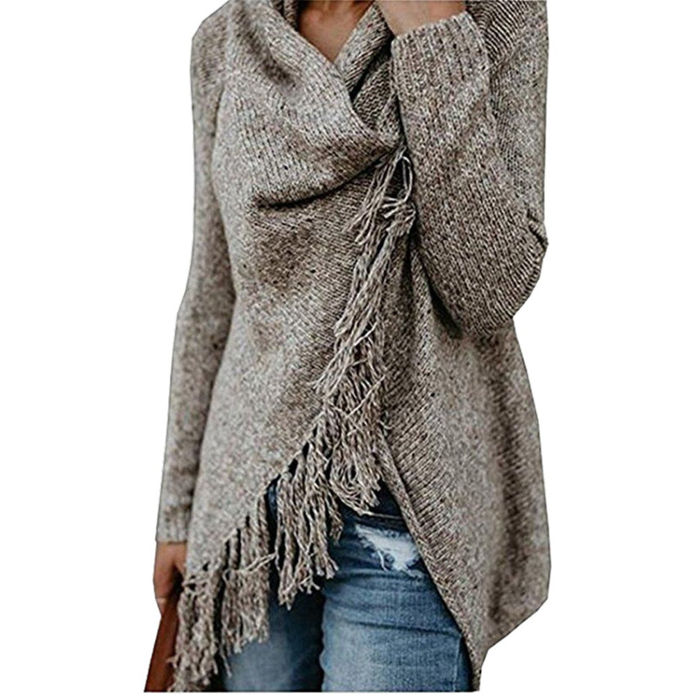 Womens Tassel Hem Sweater Long Cardigan Knitwer Pullover Poncho Coat Image 4