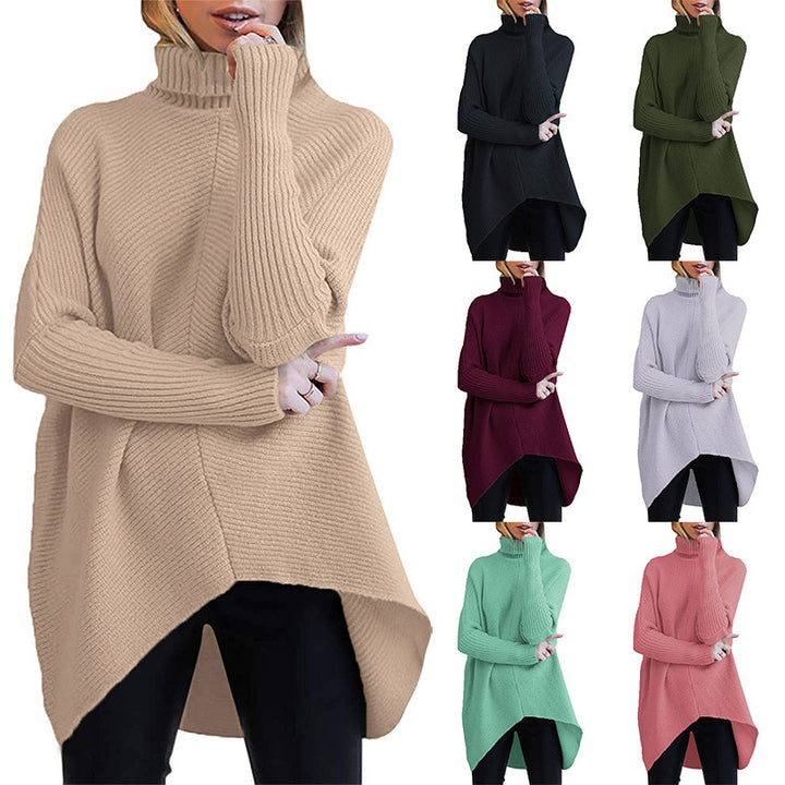 Womens Turtleneck Long Batwing Sleeve Asymmetric Hem Casual Pullover Sweater Knit Tops Image 1