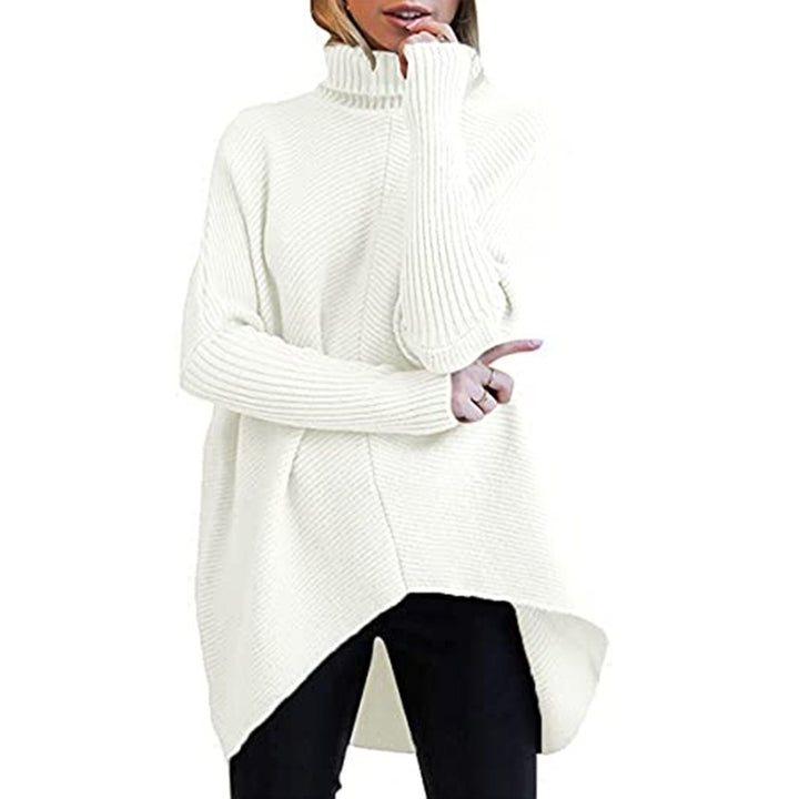 Womens Turtleneck Long Batwing Sleeve Asymmetric Hem Casual Pullover Sweater Knit Tops Image 2