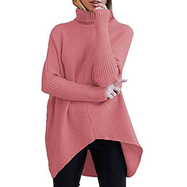 Womens Turtleneck Long Batwing Sleeve Asymmetric Hem Casual Pullover Sweater Knit Tops Image 3