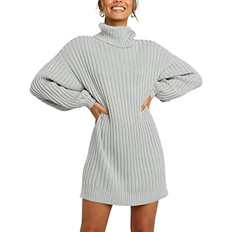 Women Turtleneck Long Lantern Sleeve Casual Loose Oversized Sweater Image 3