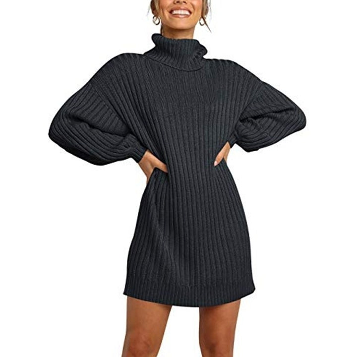 Women Turtleneck Long Lantern Sleeve Casual Loose Oversized Sweater Image 4