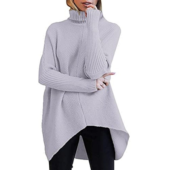 Womens Turtleneck Long Batwing Sleeve Asymmetric Hem Casual Pullover Sweater Knit Tops Image 4