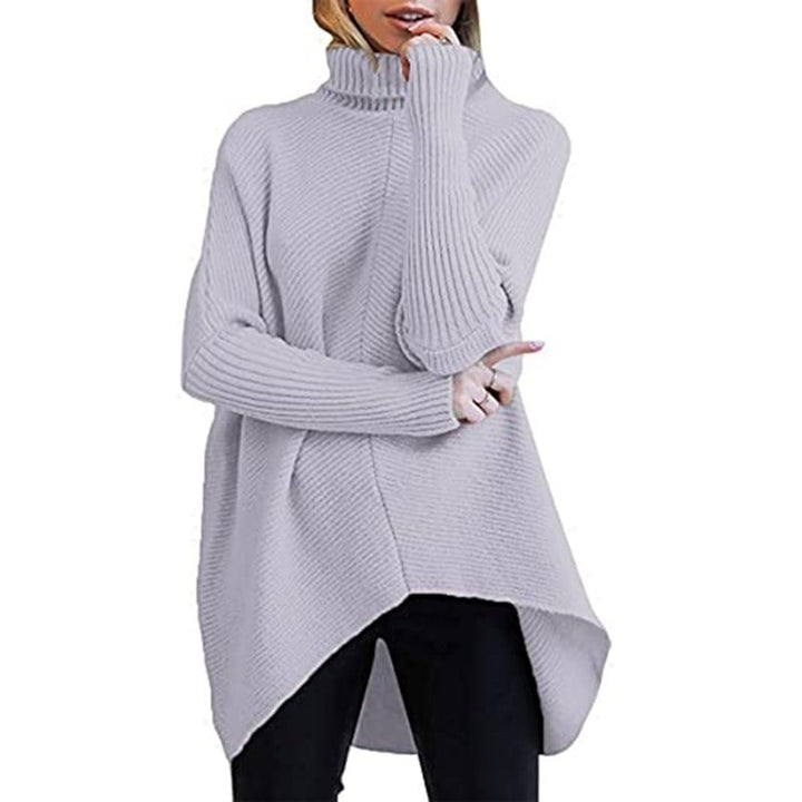 Womens Turtleneck Long Batwing Sleeve Asymmetric Hem Casual Pullover Sweater Knit Tops Image 1