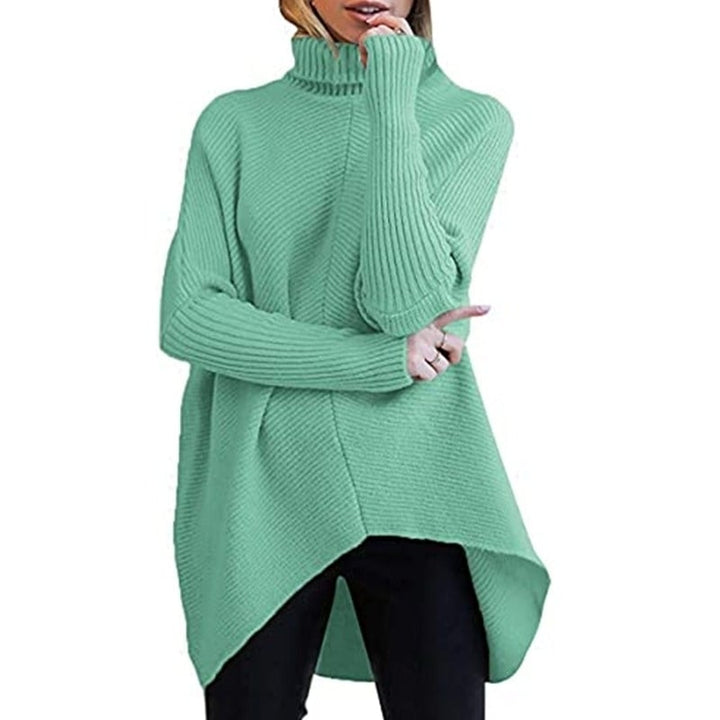 Womens Turtleneck Long Batwing Sleeve Asymmetric Hem Casual Pullover Sweater Knit Tops Image 1