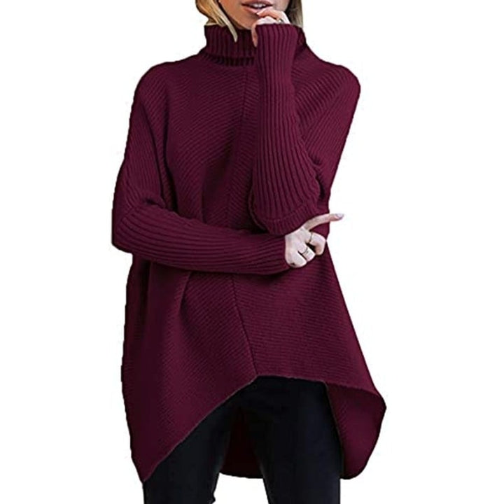 Womens Turtleneck Long Batwing Sleeve Asymmetric Hem Casual Pullover Sweater Knit Tops Image 9