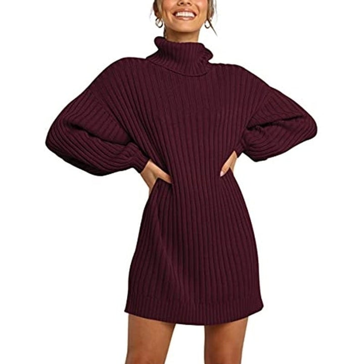 Women Turtleneck Long Lantern Sleeve Casual Loose Oversized Sweater Image 9