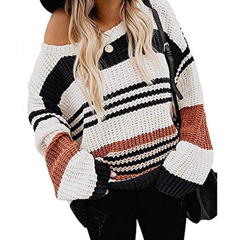 Womens Long Sleeve Crew Neck Striped Color Block Casual Loose Knitted Pullover Sweater Tops Image 1