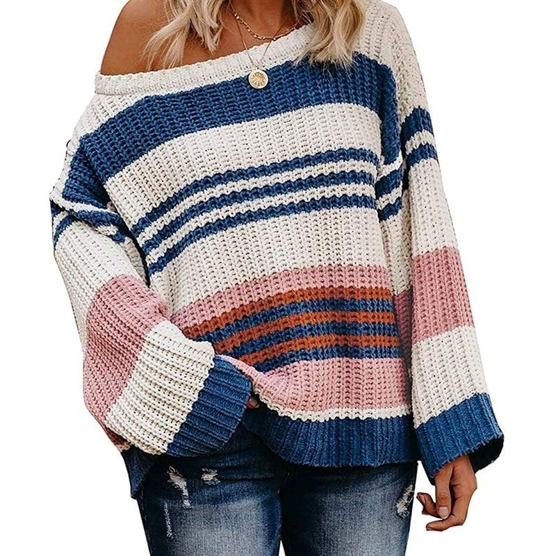 Womens Long Sleeve Crew Neck Striped Color Block Casual Loose Knitted Pullover Sweater Tops Image 1