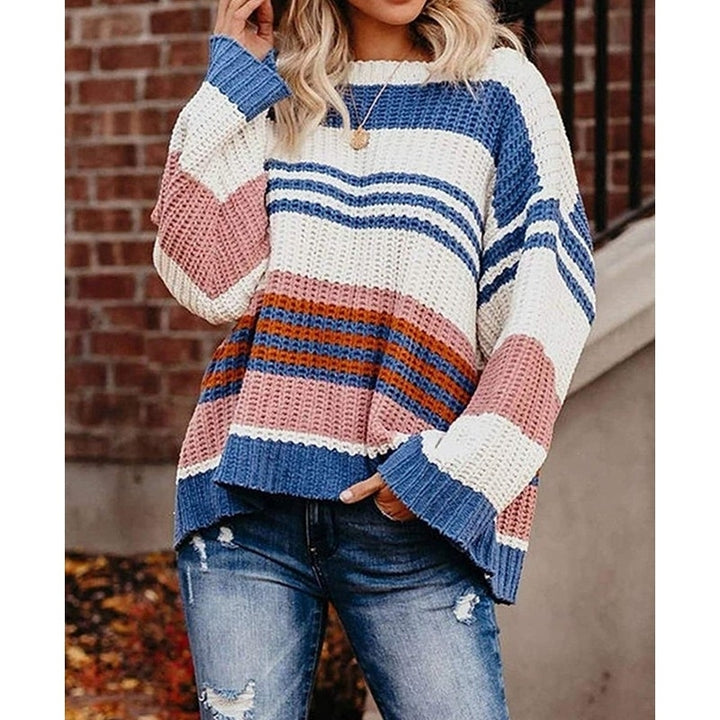 Womens Long Sleeve Crew Neck Striped Color Block Casual Loose Knitted Pullover Sweater Tops Image 3