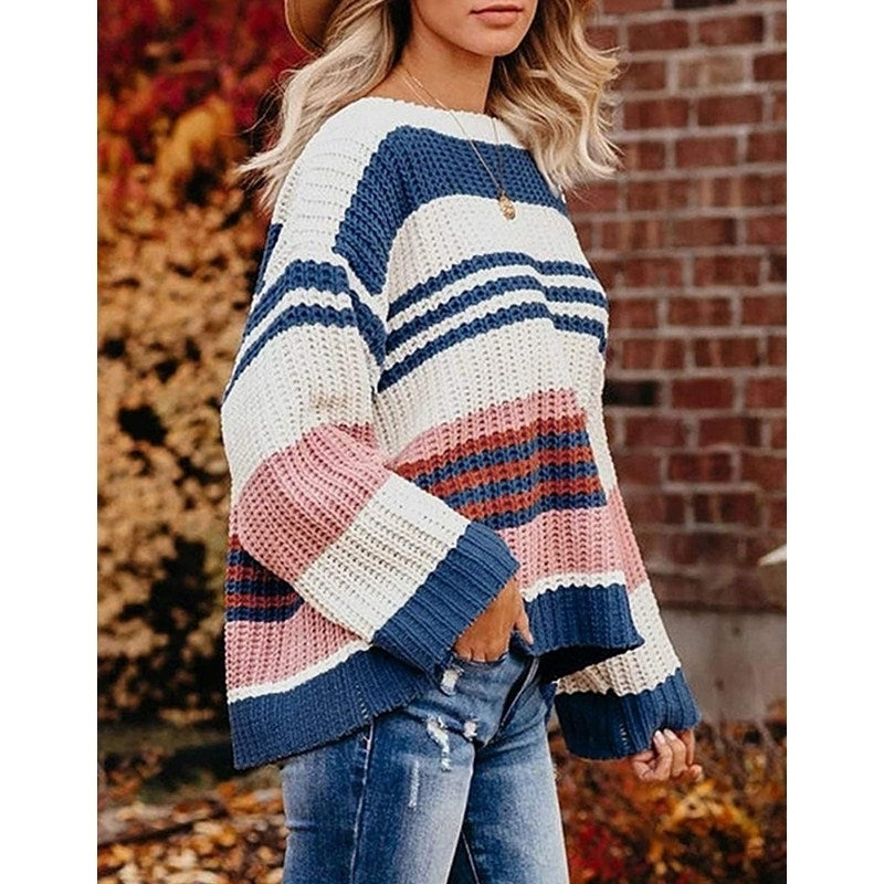 Womens Long Sleeve Crew Neck Striped Color Block Casual Loose Knitted Pullover Sweater Tops Image 4