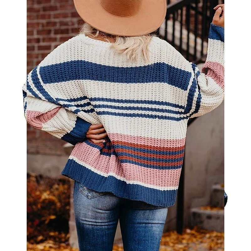 Womens Long Sleeve Crew Neck Striped Color Block Casual Loose Knitted Pullover Sweater Tops Image 4