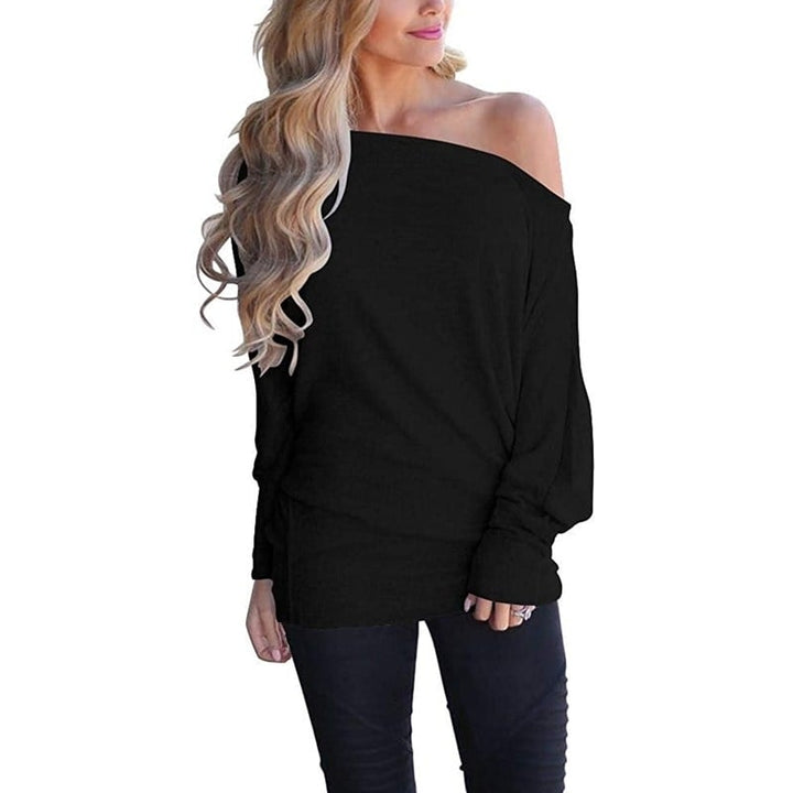 Womens Off Shoulder Long Sleeve Oversized Pullover Sweater Image 2