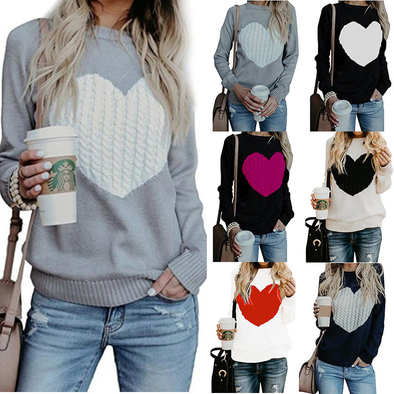 Womens Pullover Sweaters Long Sleeve Crewneck Cute Heart Knitted Sweaters Image 1