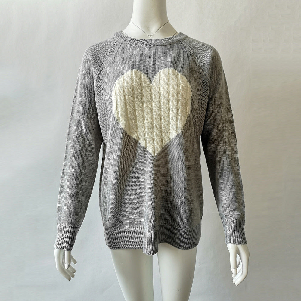 Womens Pullover Sweaters Long Sleeve Crewneck Cute Heart Knitted Sweaters Image 2