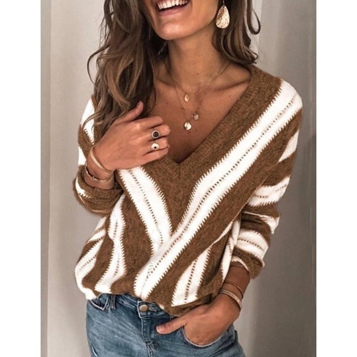 Color Block Striped V Neck Sweater for Women Long Sleeve Knit Pullover Jumper Tops Image 2