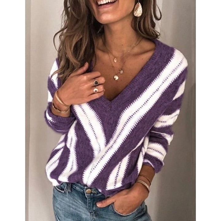 Color Block Striped V Neck Sweater for Women Long Sleeve Knit Pullover Jumper Tops Image 3