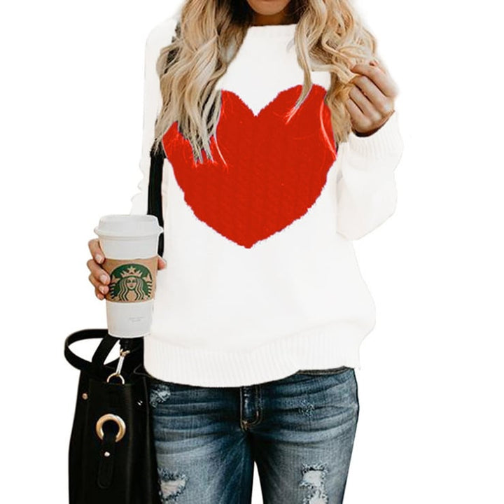 Womens Pullover Sweaters Long Sleeve Crewneck Cute Heart Knitted Sweaters Image 1