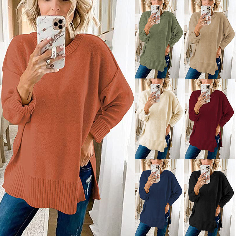 Womens Casual Crew Neck Side Split Pullover Sweater Loose Long Sleeve Jumper Top Image 1