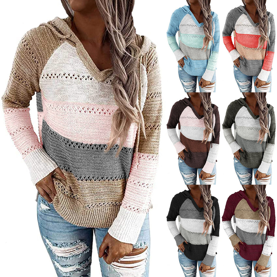 Womens Striped Color Block Hoodies Fashion V Neck Knit Sweater Pullovers Image 1