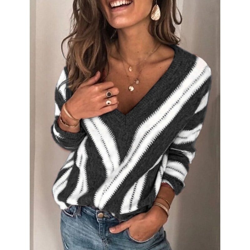 Color Block Striped V Neck Sweater for Women Long Sleeve Knit Pullover Jumper Tops Image 7