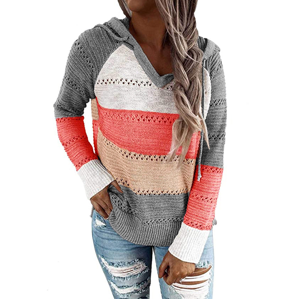 Womens Striped Color Block Hoodies Fashion V Neck Knit Sweater Pullovers Image 2