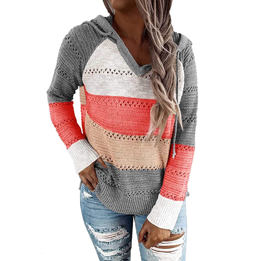 Womens Striped Color Block Hoodies Fashion V Neck Knit Sweater Pullovers Image 1