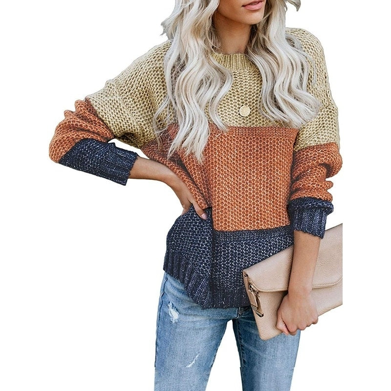 Womens Crew Neck Long Sleeve Color Block Knit Sweater Casual Pullover Jumper Tops Image 1