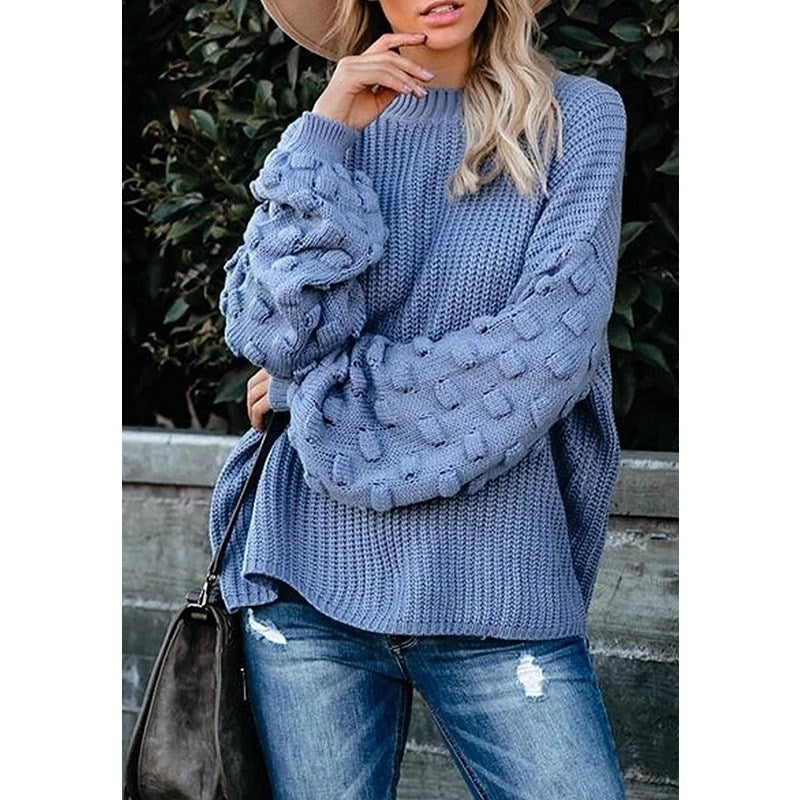 Womens Cute Oversized Crewneck Loose Puff Sleeves Chunky Knit Pullover Sweater Image 3