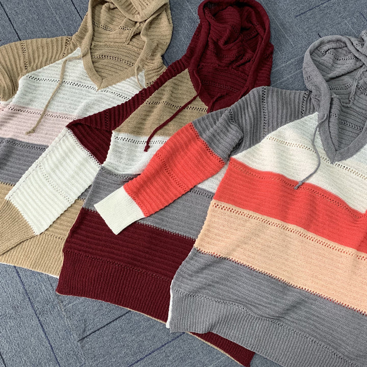 Womens Striped Color Block Hoodies Fashion V Neck Knit Sweater Pullovers Image 3