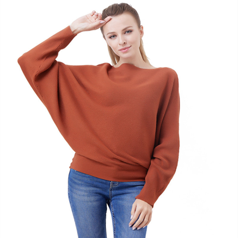 Boat Neck Batwing Sleeves Knitted Sweaters and Pullovers Tops for Women Image 1