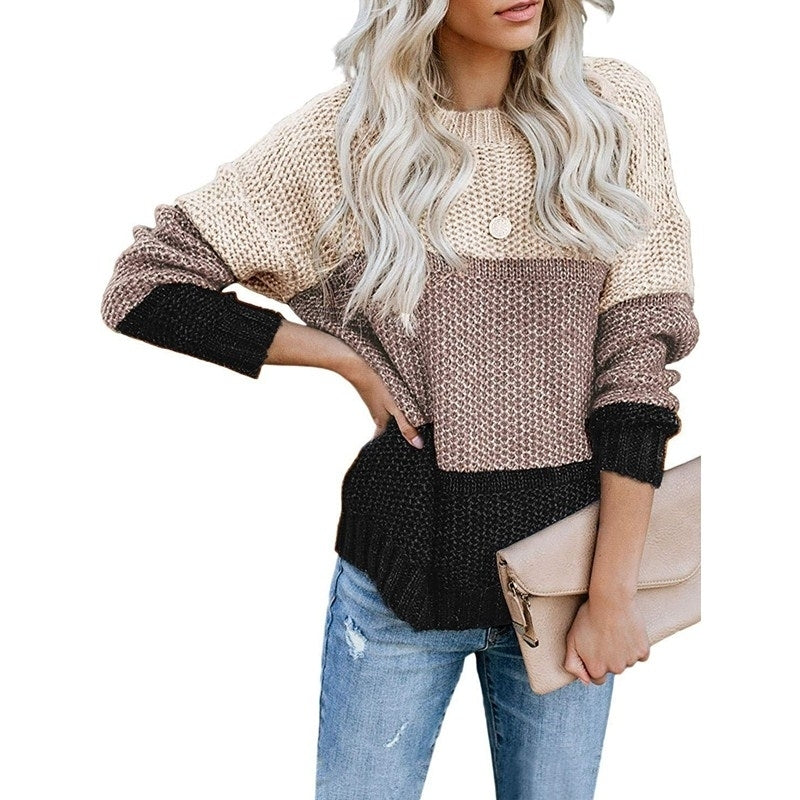 Womens Crew Neck Long Sleeve Color Block Knit Sweater Casual Pullover Jumper Tops Image 4