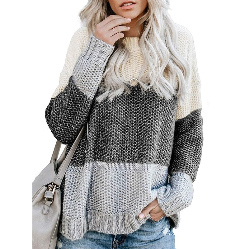 Womens Crew Neck Long Sleeve Color Block Knit Sweater Casual Pullover Jumper Tops Image 6