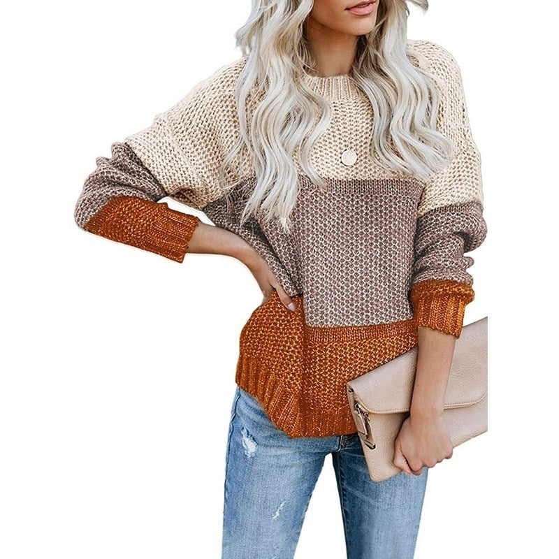 Womens Crew Neck Long Sleeve Color Block Knit Sweater Casual Pullover Jumper Tops Image 7